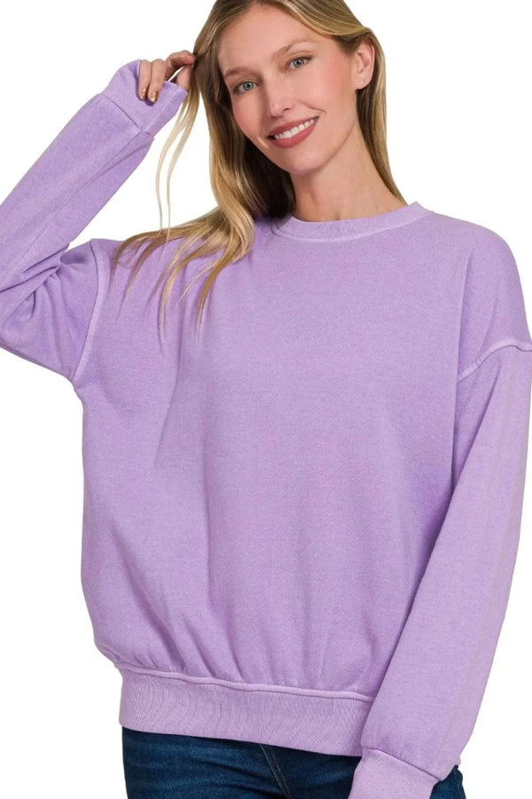 Zenana Soft Fleece Pigment Dye Round-neck Sweatshirts LAVENDER - Fashorio