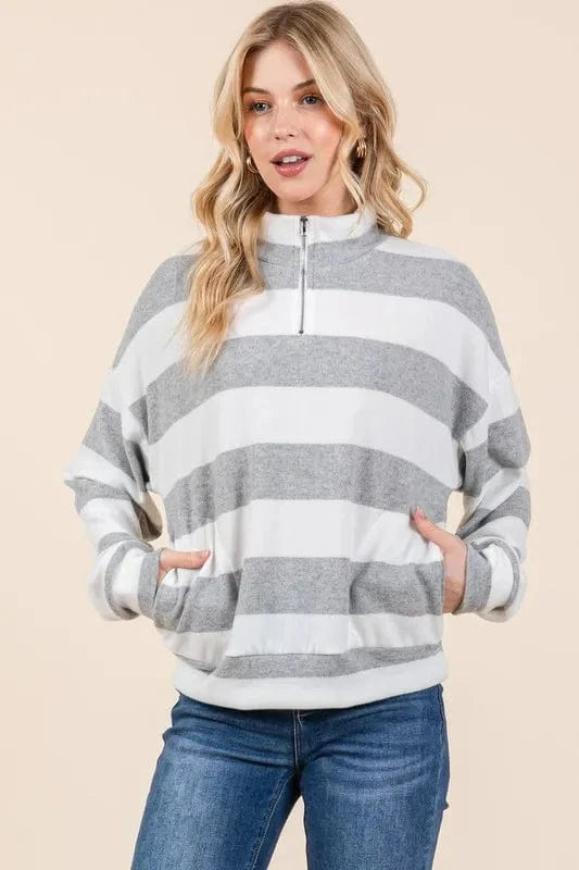 BOMBOM Striped Quarter Zip Drop Shoulder Sweatshirt Light Gray - Fashorio