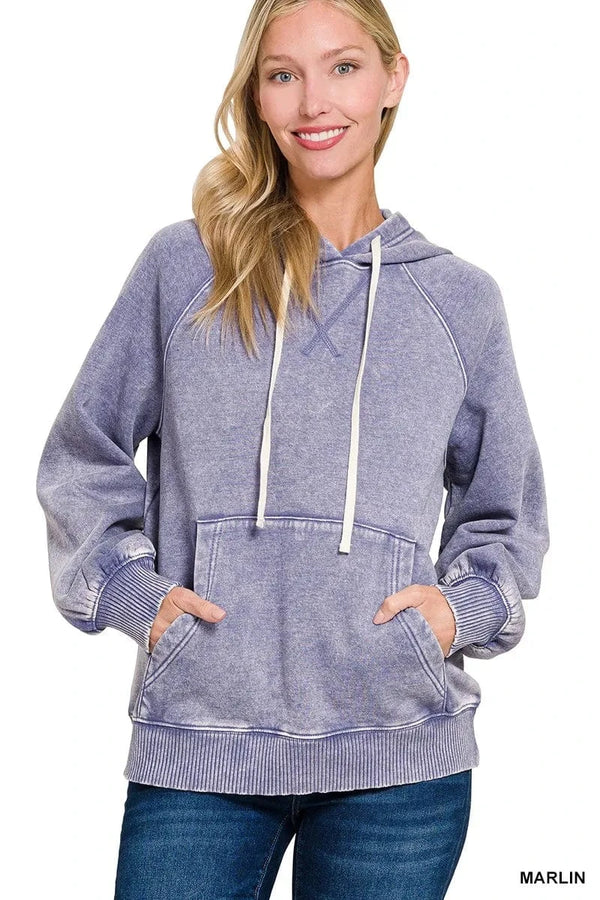 Zenana Acid Wash Fleece Hoodie with Kangaroo Pocket MARLIN - Fashorio