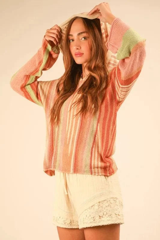 VERY J Multi Color Stripe Long Sleeve Knit Hoodie Natural - Fashorio