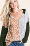 BiBi Popcorn Waffle Knit Hoodie with Print Block Front OLIVE MUSTARD - Fashorio