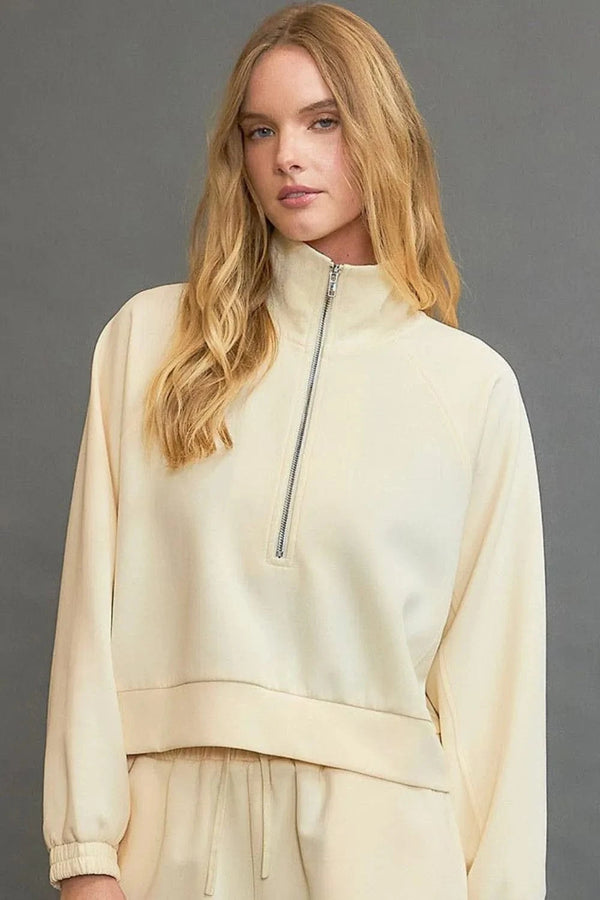 Umgee Full Size Half Zip Cropped Sweatshirt Plus Size Pastel Yellow - Fashorio