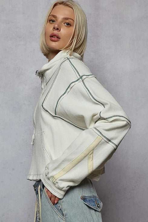 POL Contrast Stitching Zip Front Sweatshirt - Fashorio