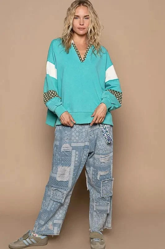 POL Exposed Seam Floral Patchwork French Terry Hoodie - Fashorio