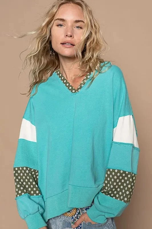POL Exposed Seam Floral Patchwork French Terry Hoodie - Fashorio