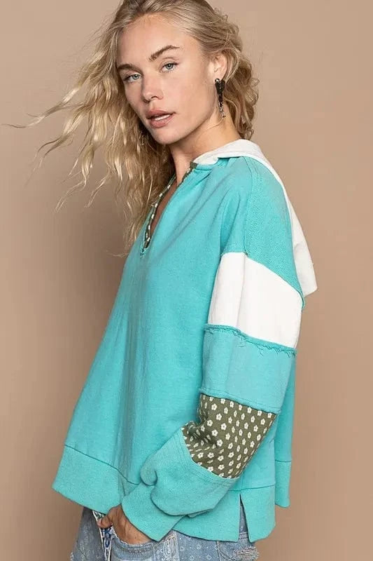 POL Exposed Seam Floral Patchwork French Terry Hoodie - Fashorio