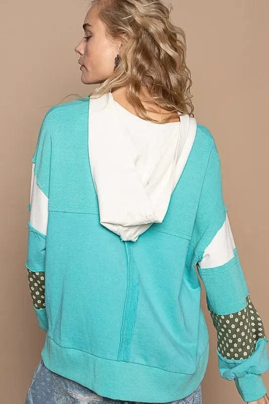 POL Exposed Seam Floral Patchwork French Terry Hoodie - Fashorio