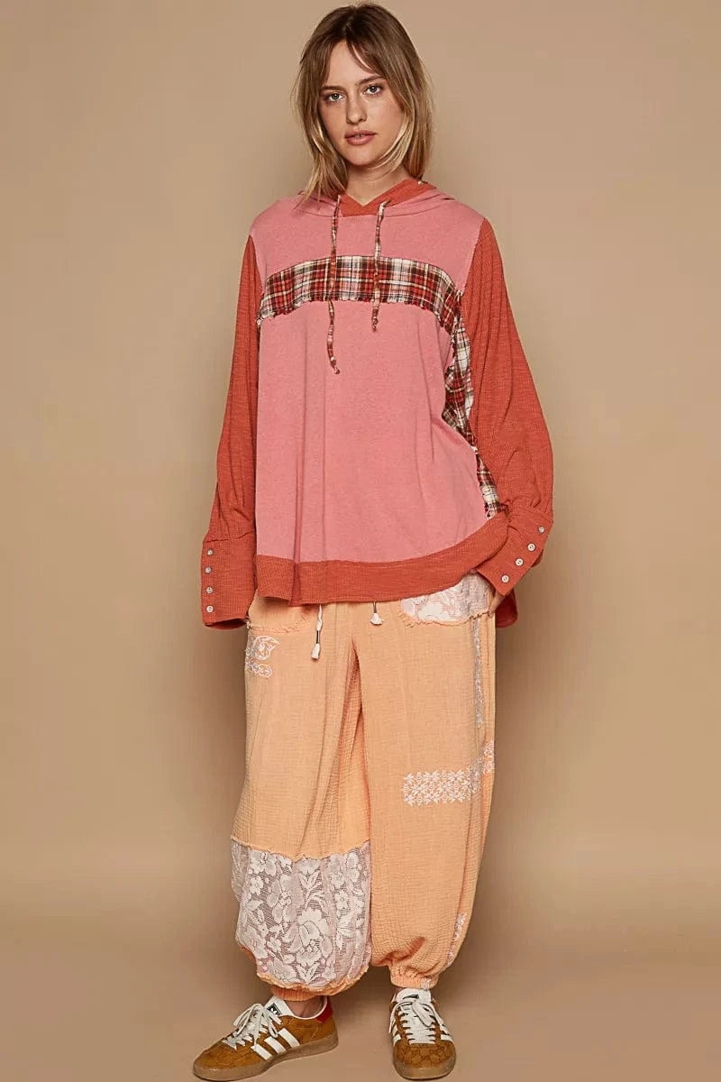 POL Oversized Drawstring Long Sleeve Hoodie with Plaid Detail - Fashorio