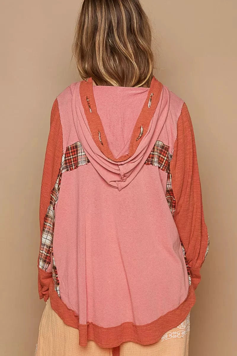 POL Oversized Drawstring Long Sleeve Hoodie with Plaid Detail - Fashorio