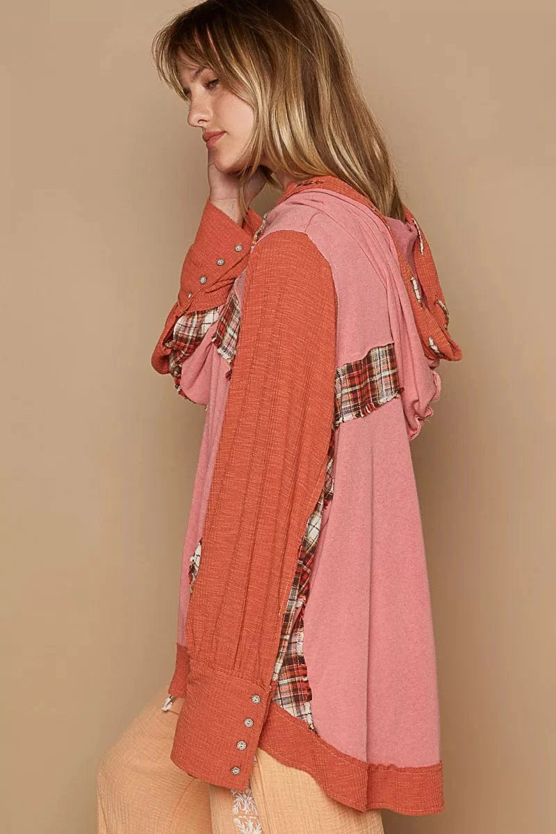 POL Oversized Drawstring Long Sleeve Hoodie with Plaid Detail - Fashorio