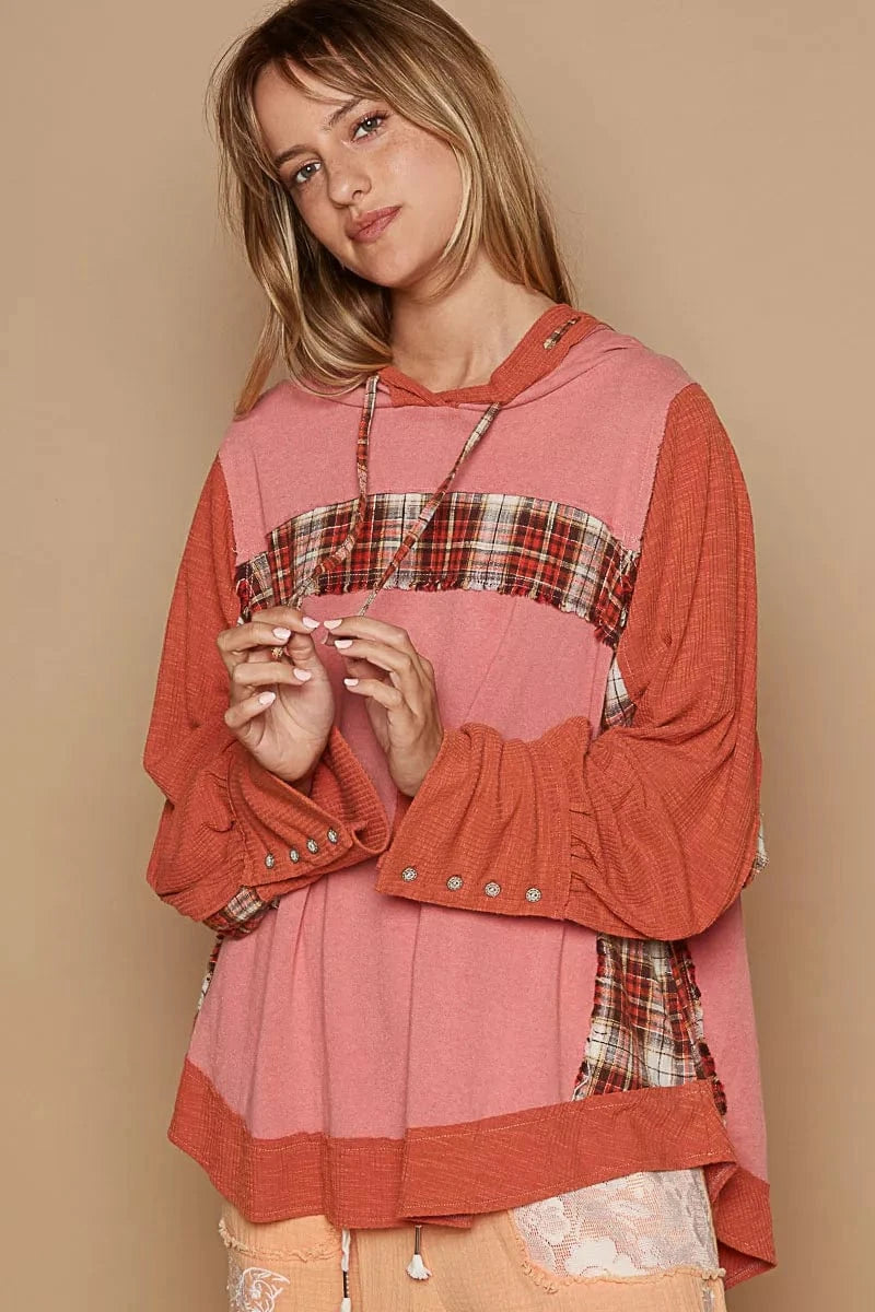 POL Oversized Drawstring Long Sleeve Hoodie with Plaid Detail - Fashorio