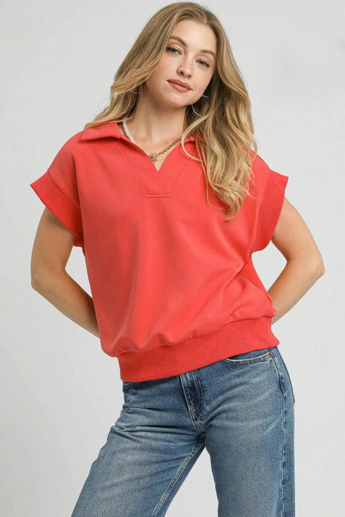 Umgee Luxe Knit Collared Short Sleeve Polo Sweatshirt RED CORAL - Fashorio