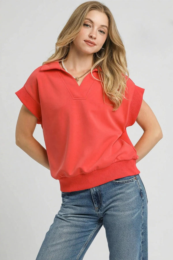 Umgee Luxe Knit Collared Short Sleeve Polo Sweatshirt RED CORAL - Fashorio