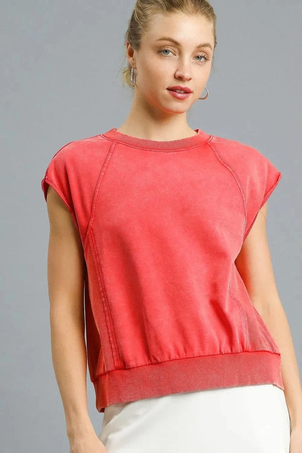 Umgee Round Neck Cap Sleeve Sweatshirt Red - Fashorio