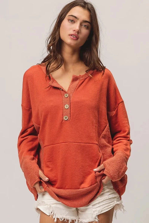 BiBi French Terry Knit Side Block Buttoned Henley Top RUST - Fashorio