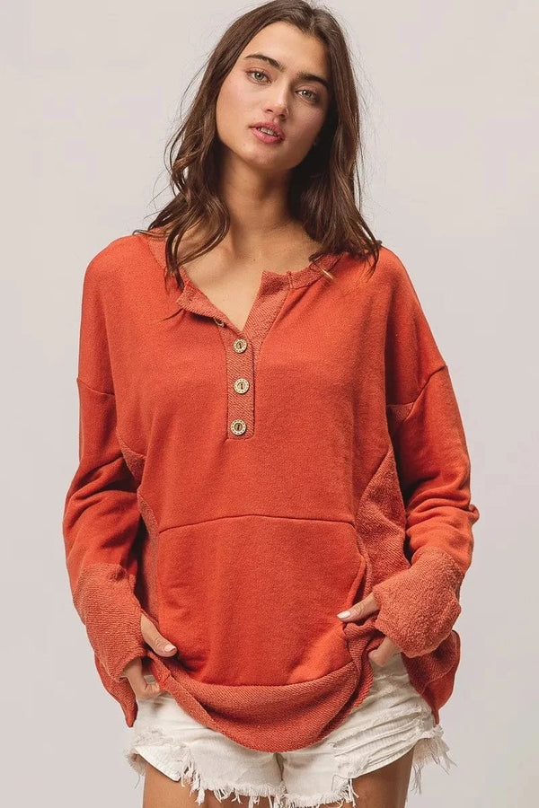 BiBi French Terry Knit Side Block Buttoned Henley Top RUST - Fashorio