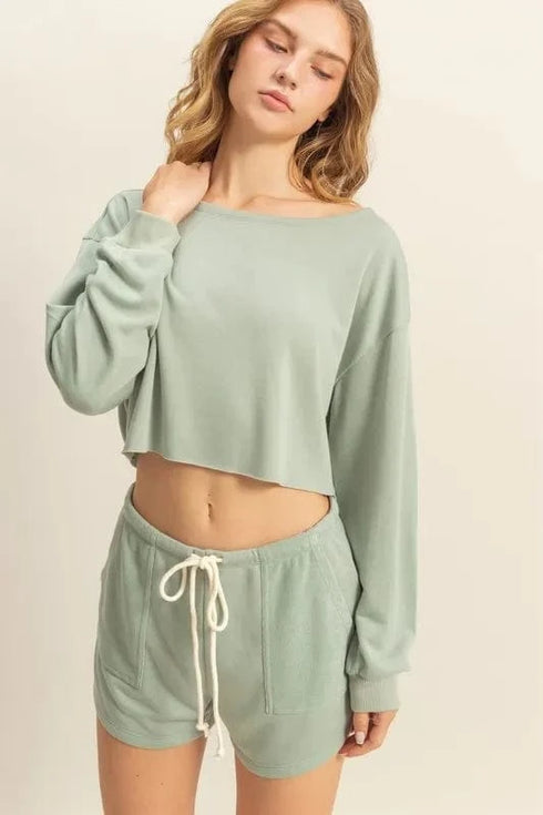 HYFVE Boat Neck Long Sleeve Cropped Top SAGE GREEN - Fashorio