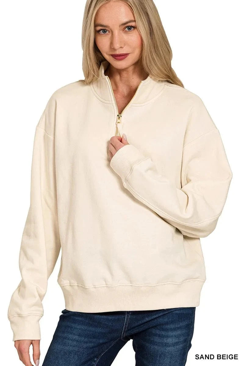 Zenana Fleece Half Zip Sweatshirt SAND BEIGE - Fashorio