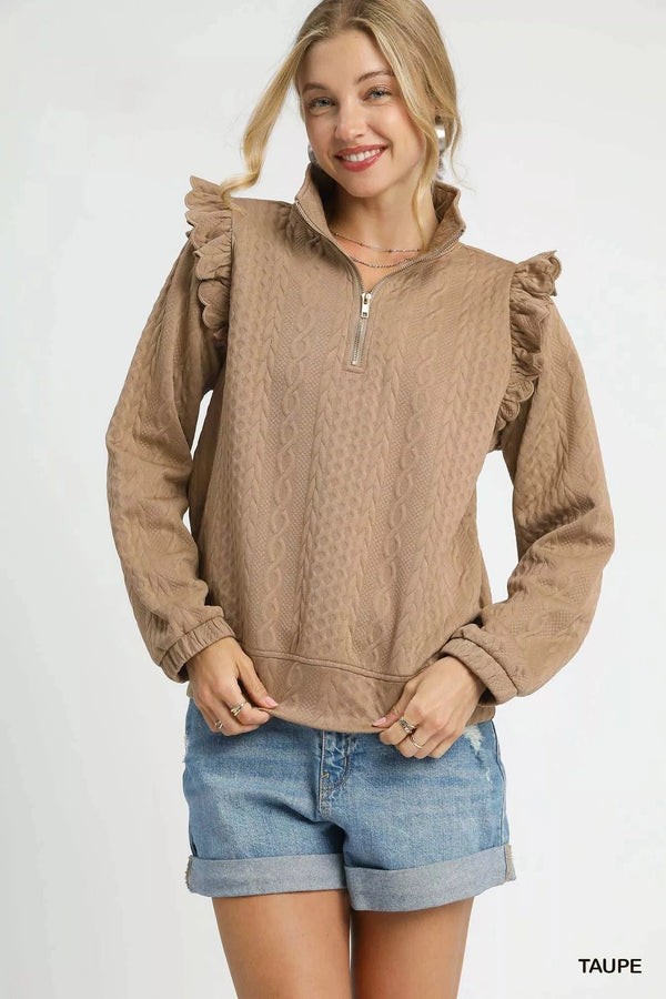 Umgee Cable Knit Textured Pullover with Ruffle Shoulders Taupe - Fashorio