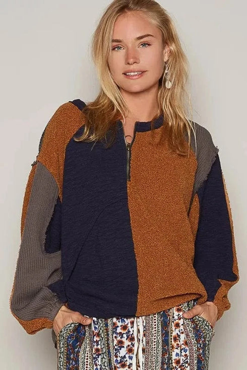 POL Color Block Half Zip Dropped Shoulder Sweatshirt Terracotta - Fashorio
