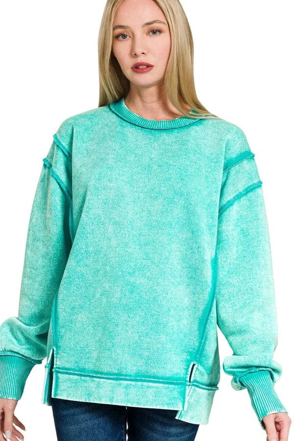 Zenana Acid Wash Exposed-seam Fleece Sweatshirt TURQUOISE - Fashorio