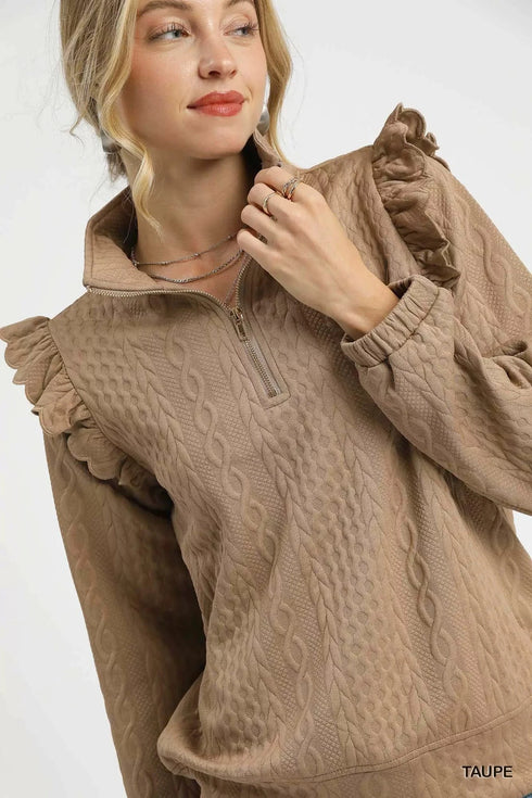 Umgee Cable Knit Textured Pullover with Ruffle Shoulders - Fashorio