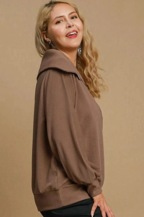 Umgee Full Size Ribbed Knit Half Zipper Sweatshirt Plus Size - Fashorio