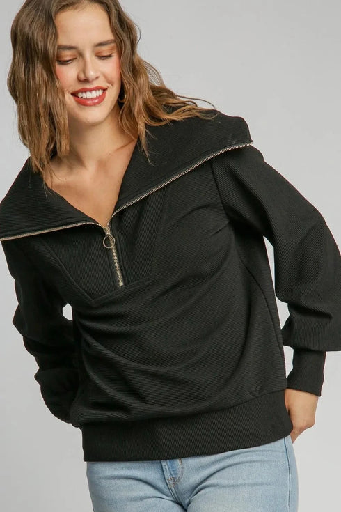 Umgee Full Size Ribbed Knit Half Zipper Sweatshirt Plus Size - Fashorio