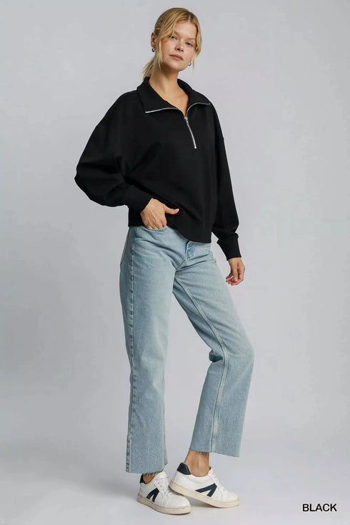 Umgee Half Zip Drop Shoulder Sweatshirt - Fashorio