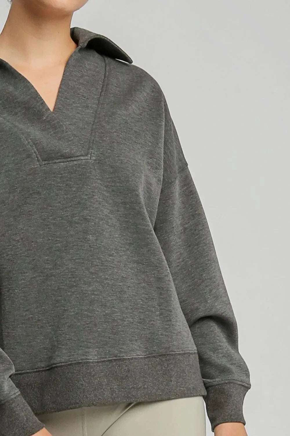Umgee Johnny Collar Dropped Shoulder Sweatshirt - Fashorio