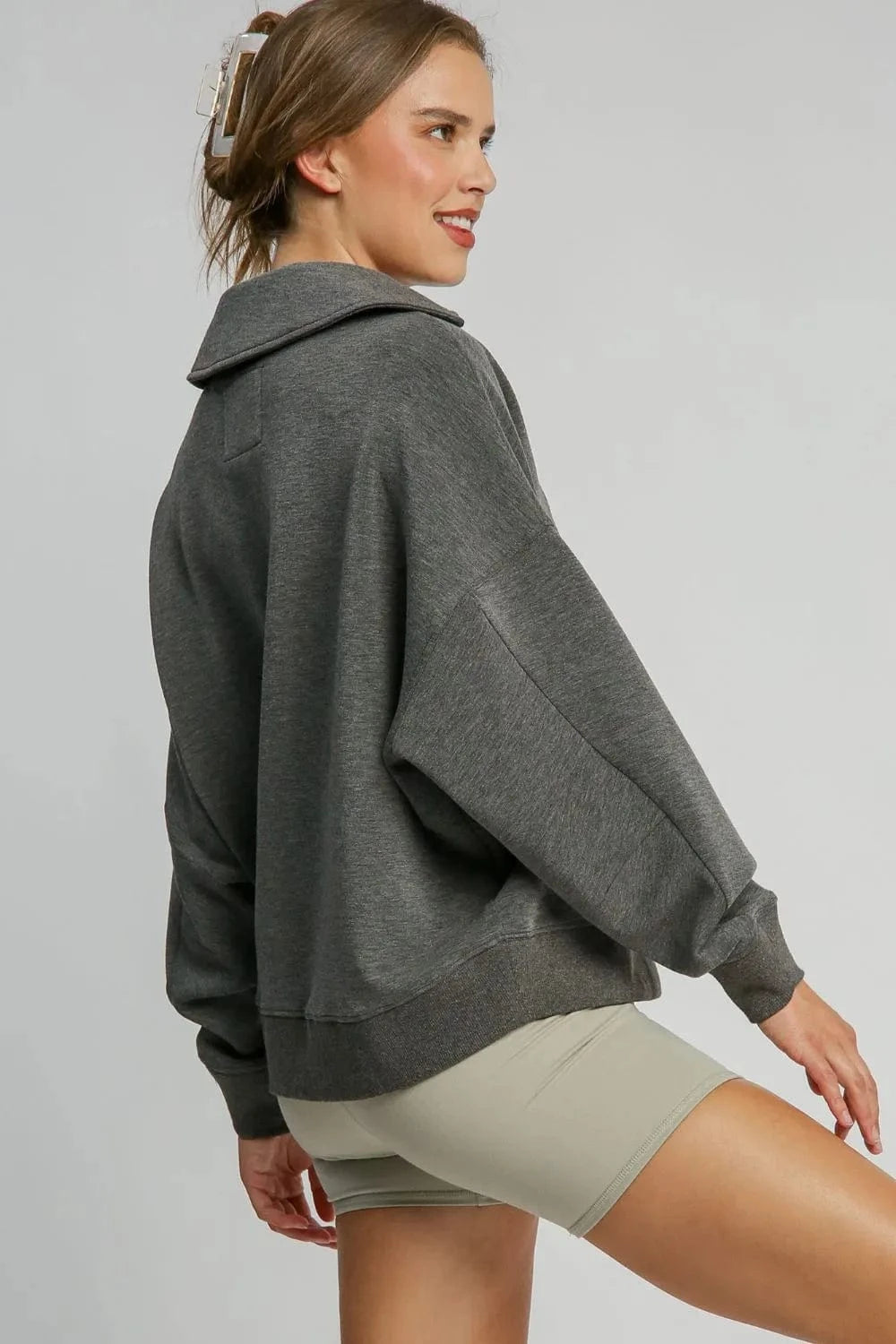 Umgee Johnny Collar Dropped Shoulder Sweatshirt - Fashorio