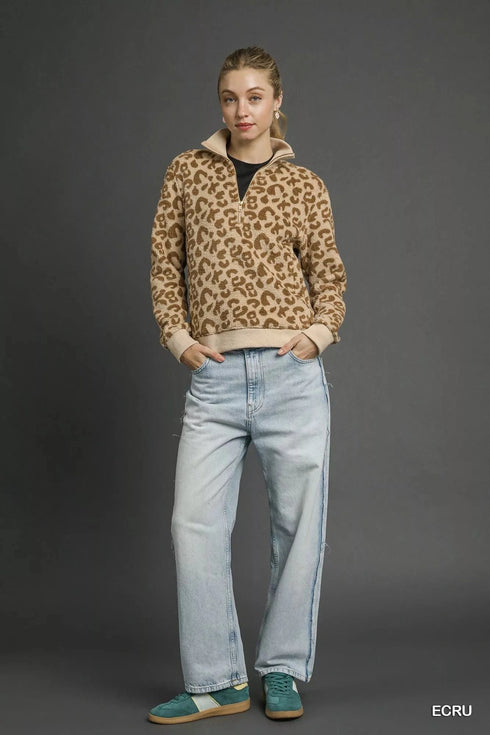Umgee Leopard Print Quarter-Zip Sweatshirt - Fashorio