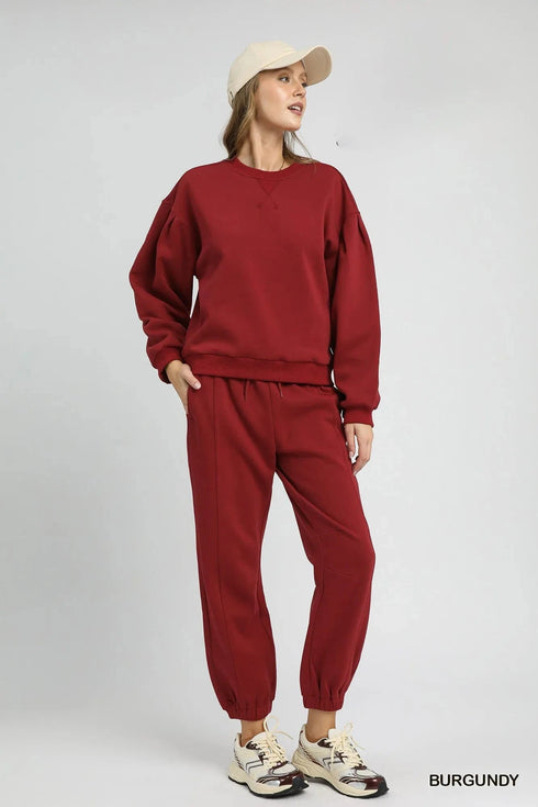 Umgee Round Neck Sweatshirt with Pleated Detail - Fashorio
