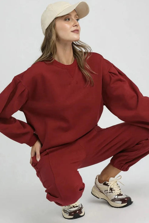 Umgee Round Neck Sweatshirt with Pleated Detail - Fashorio
