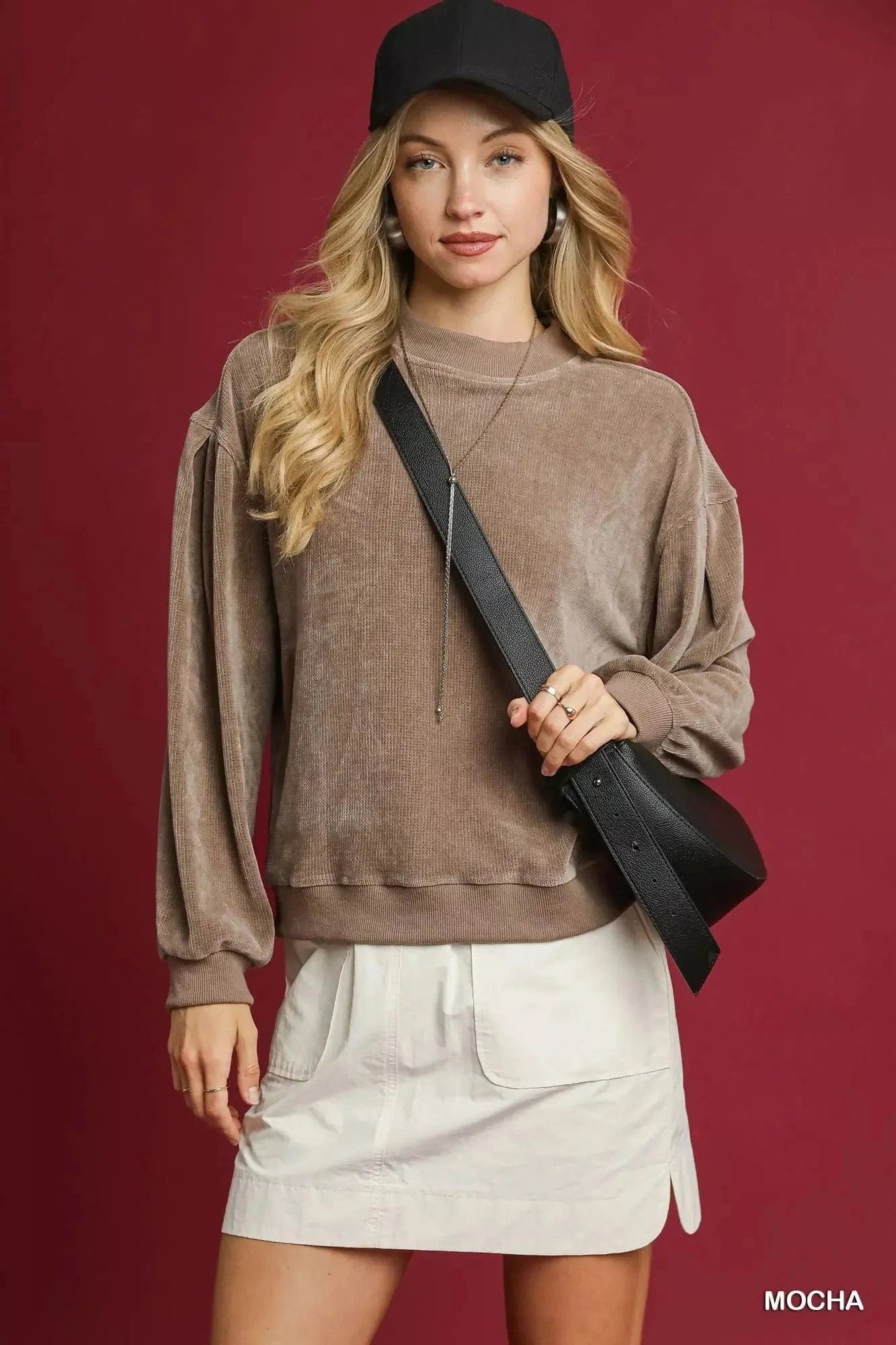 Umgee Velour Crewneck Balloon Sleeve Sweatshirt - Fashorio