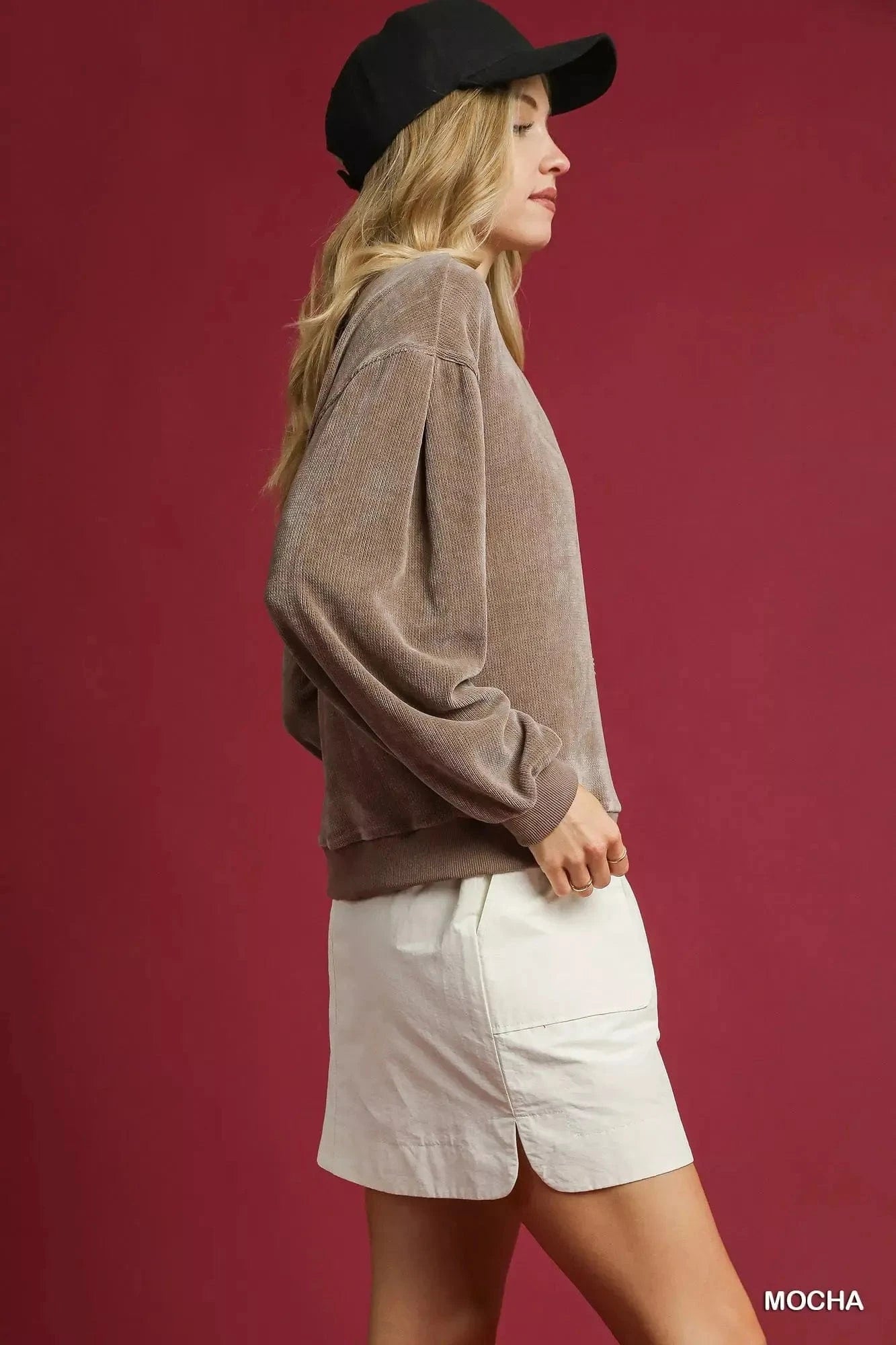 Umgee Velour Crewneck Balloon Sleeve Sweatshirt - Fashorio