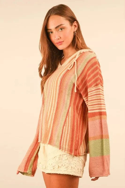 VERY J Multi Color Stripe Long Sleeve Knit Hoodie - Fashorio