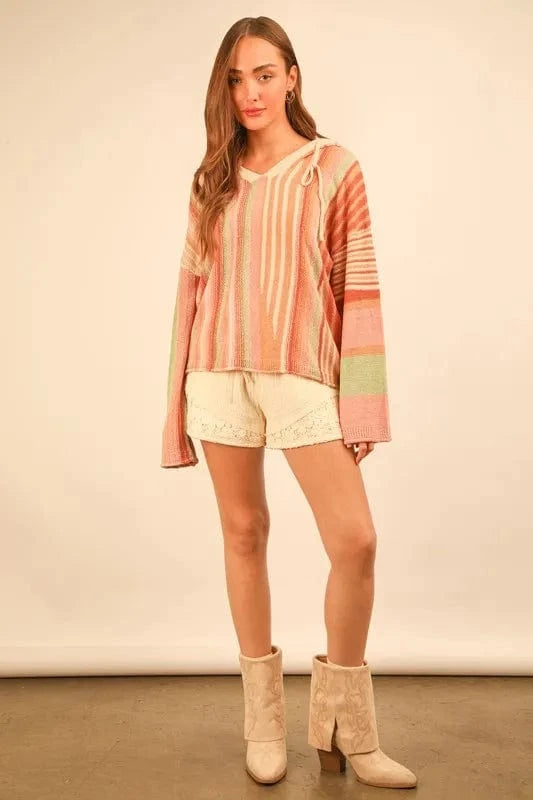 VERY J Multi Color Stripe Long Sleeve Knit Hoodie - Fashorio