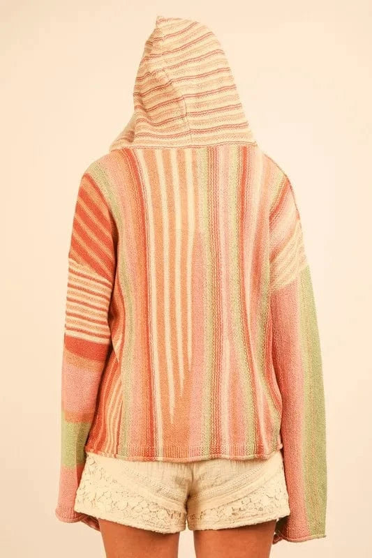 VERY J Multi Color Stripe Long Sleeve Knit Hoodie - Fashorio