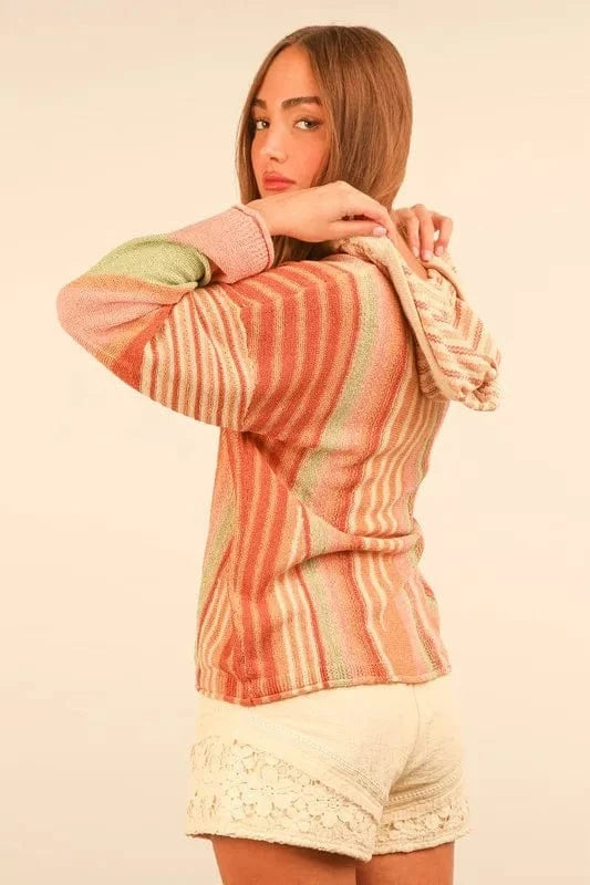 VERY J Multi Color Stripe Long Sleeve Knit Hoodie - Fashorio