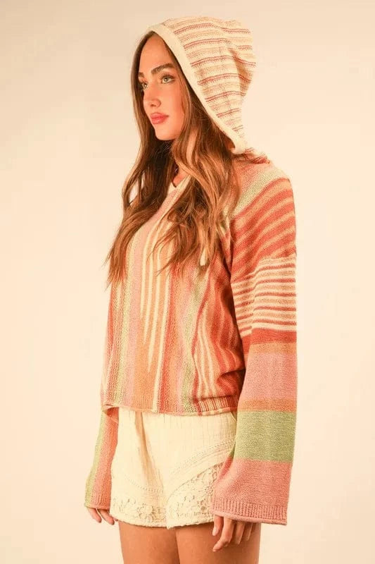 VERY J Multi Color Stripe Long Sleeve Knit Hoodie - Fashorio