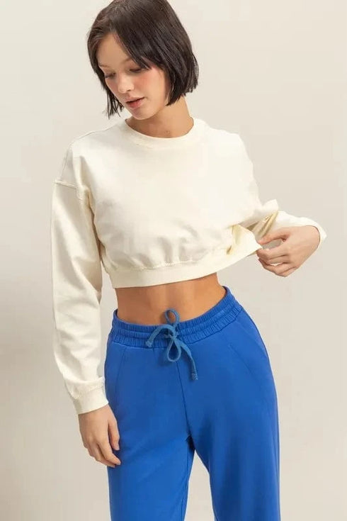HYFVE Crew Neck Long Sleeve Crop Sweatshirt WHITE - Fashorio