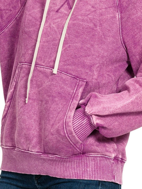 Zenana Acid Wash Fleece Hoodie with Kangaroo Pocket - Fashorio