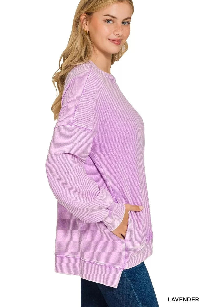 Zenana Acid Washed Double Ribbed Hi-low Sweatshirt - Fashorio