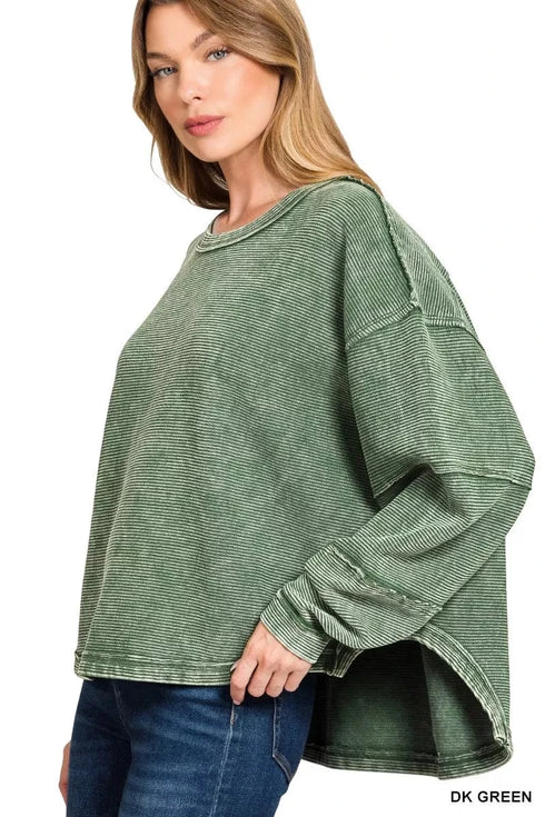 Zenana Acid Washed Exposed-Seam Sweatshirt - Fashorio