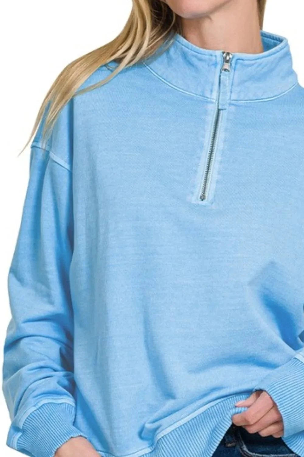 Zenana F/terry Pigment Dye & Enzyme Washing Half Zip Top - Fashorio