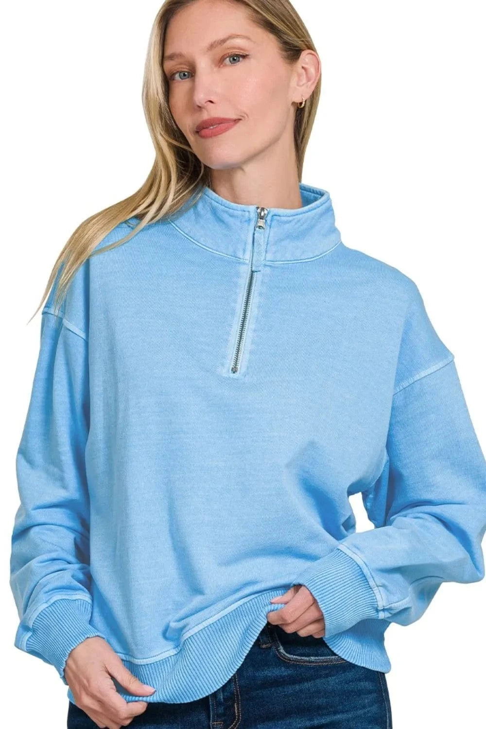 Zenana F/terry Pigment Dye & Enzyme Washing Half Zip Top - Fashorio