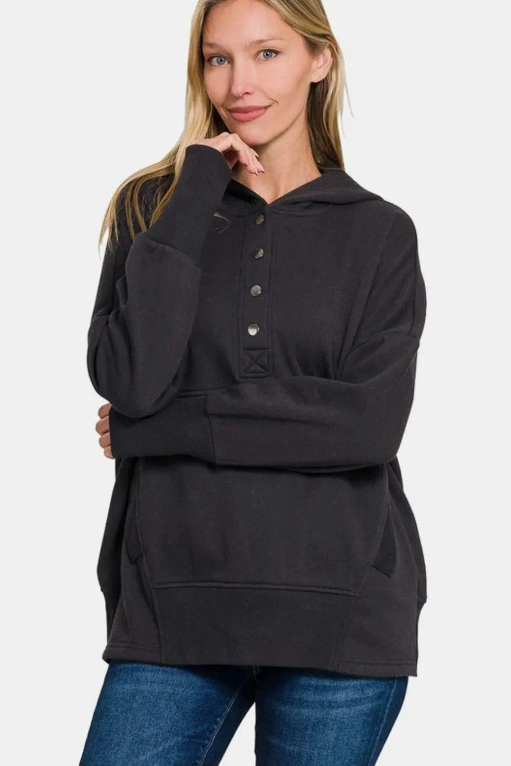 Zenana Half Snap Long Sleeve Hoodie with Kangaroo Pocket - Fashorio
