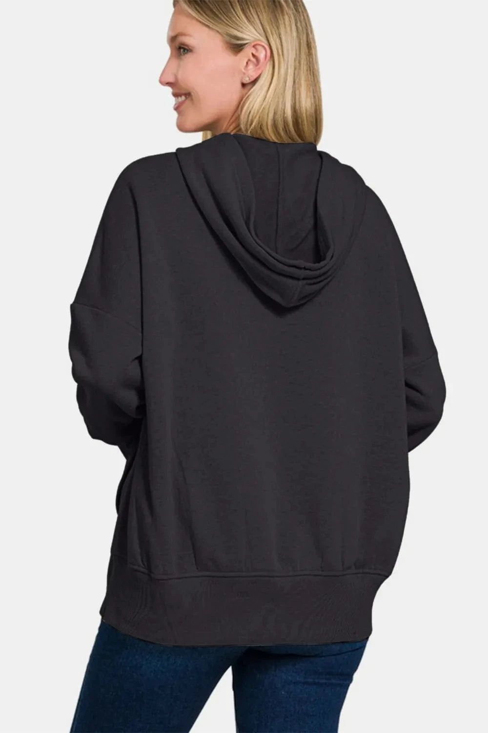 Zenana Half Snap Long Sleeve Hoodie with Kangaroo Pocket - Fashorio