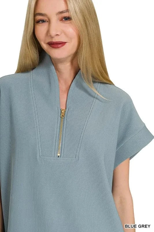 Zenana Ribbed High Neck Half Zip Top - Fashorio